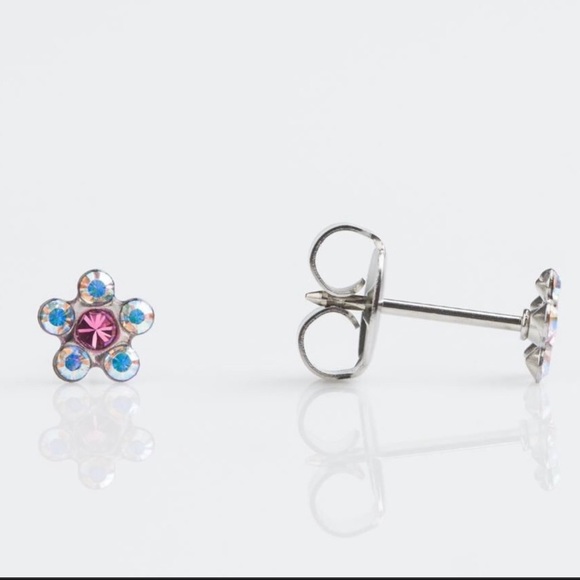 Studex Stainless Steel Daisy with AB Crystal and OCT Rose Ear Piercing Earrings - Picture 1 of 7